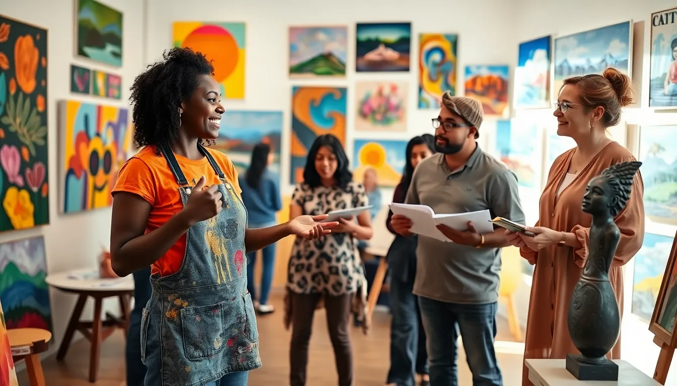 a diverse group of artists collaborating in a bright, art-filled space.