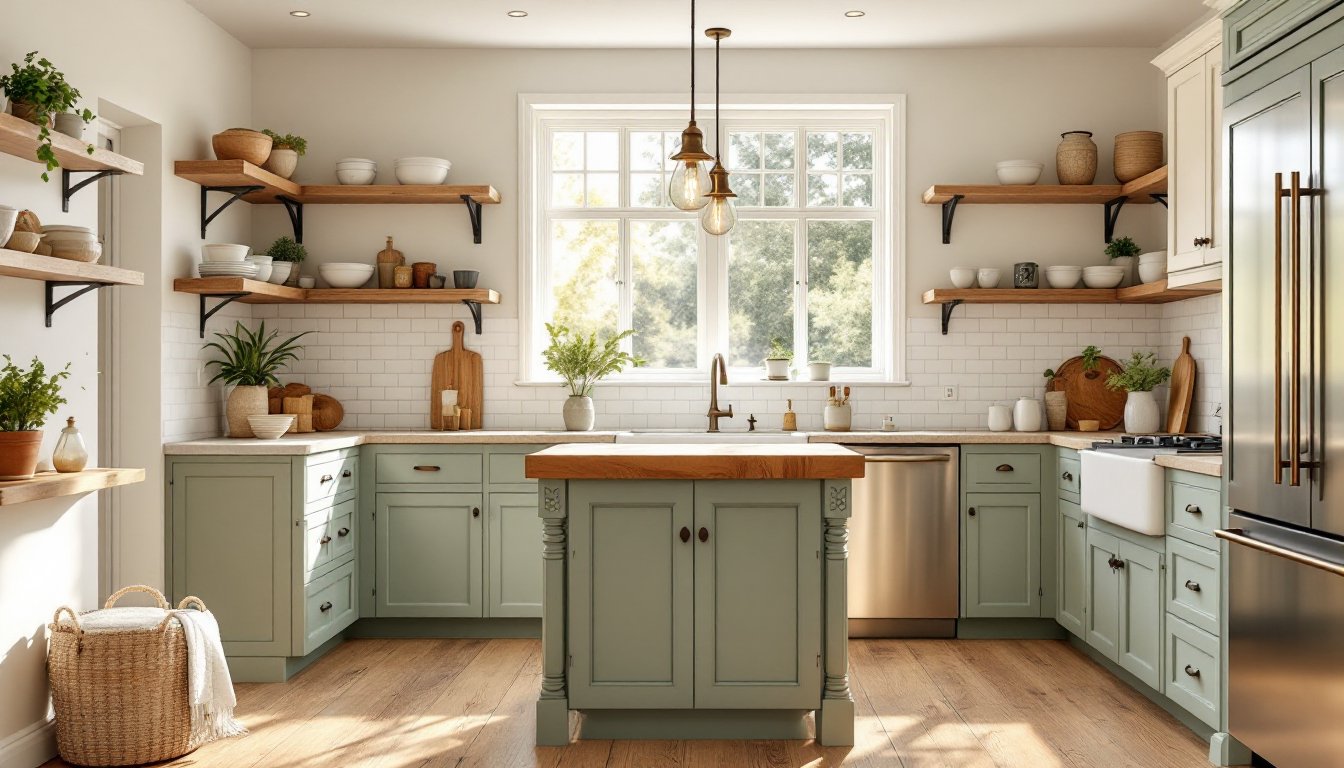 country style farmhouse sage green kitchen cabinets